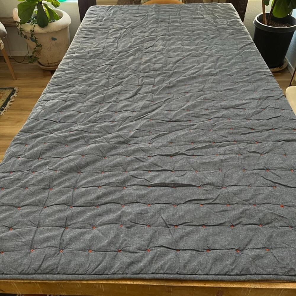 Crate & Barrel Blue Chambray Twin Quilt 66x86 in Orange Accent Stitching
